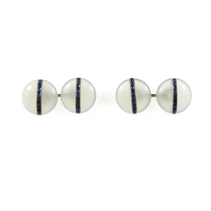 Pair of Art Deco white chalcedony and sapphire cufflinks